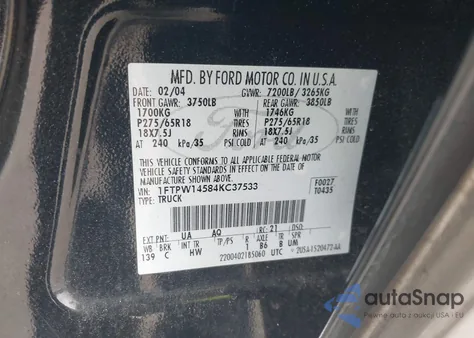 2004 Ford F-150 Fx4/Lariat/Xlt z USA, uszkodzony, nr VIN 1FTPW14584KC37533